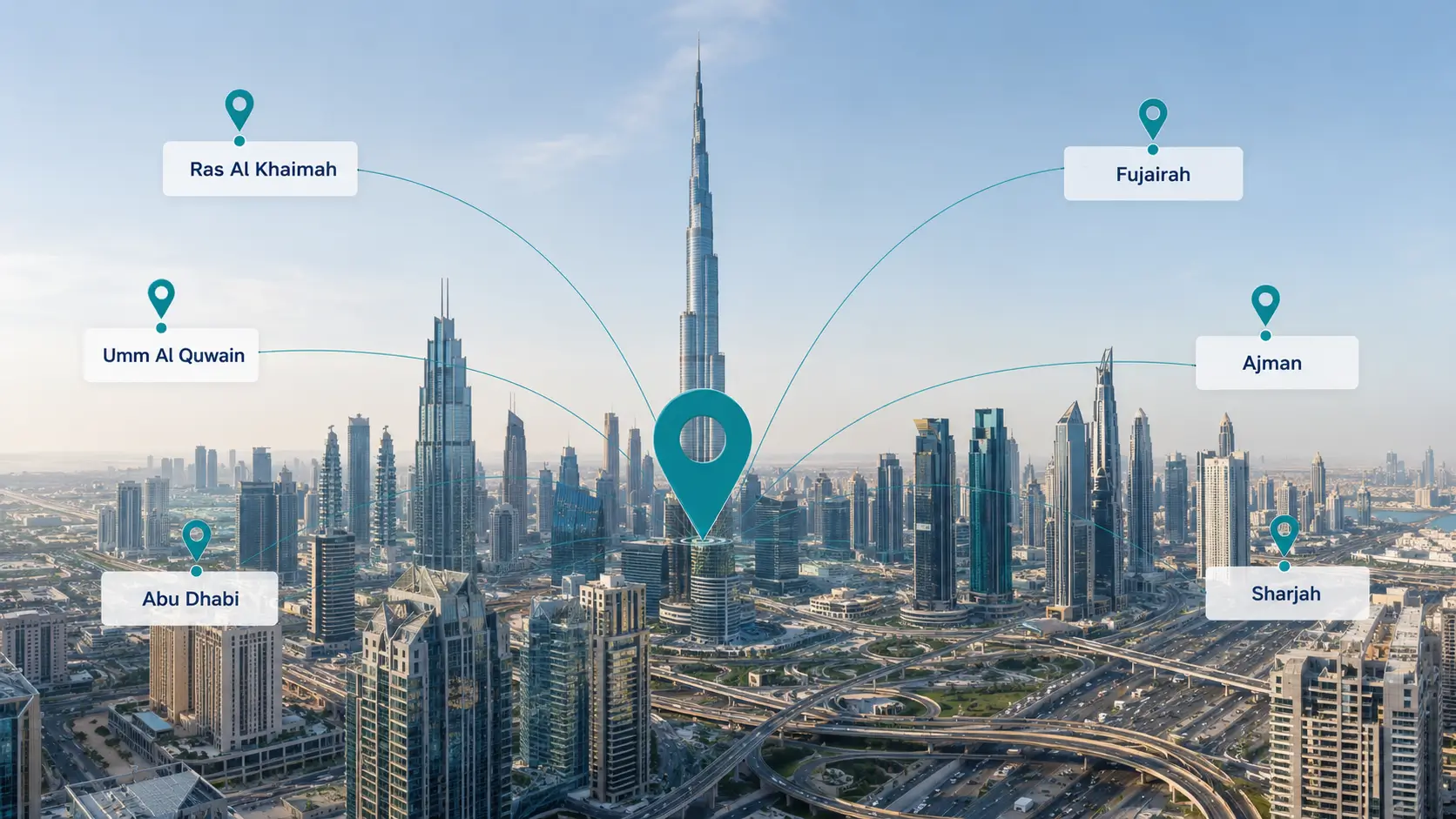 Map of Innovative Future Smart Glass service areas across the UAE from Dubai headquarters