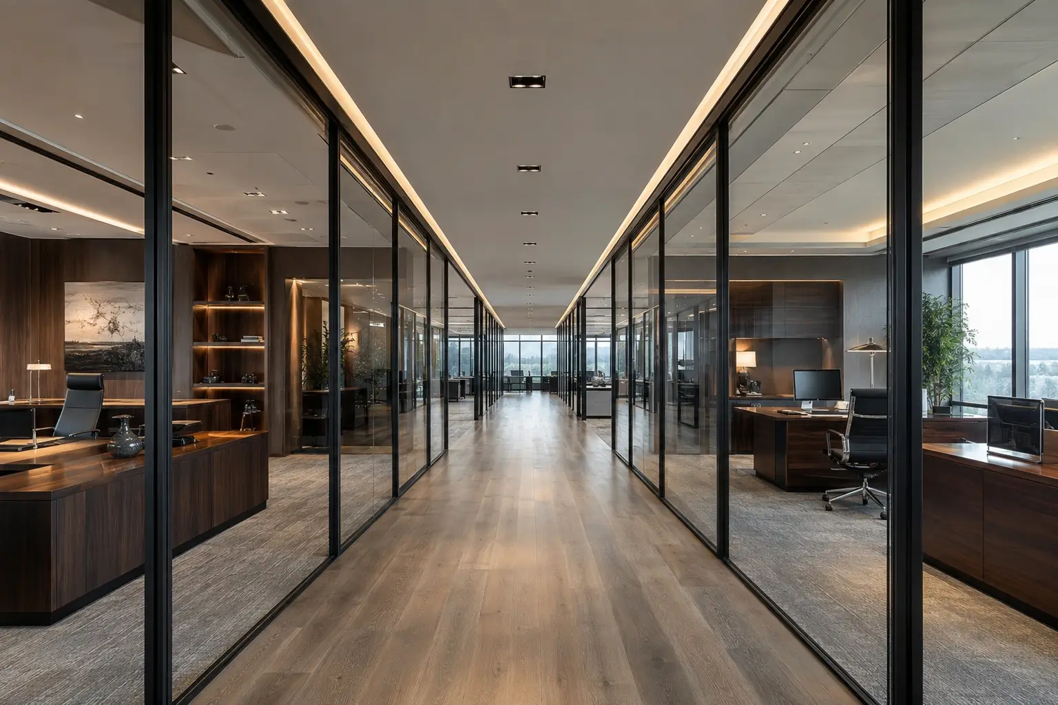 Clear smart glass office corridor