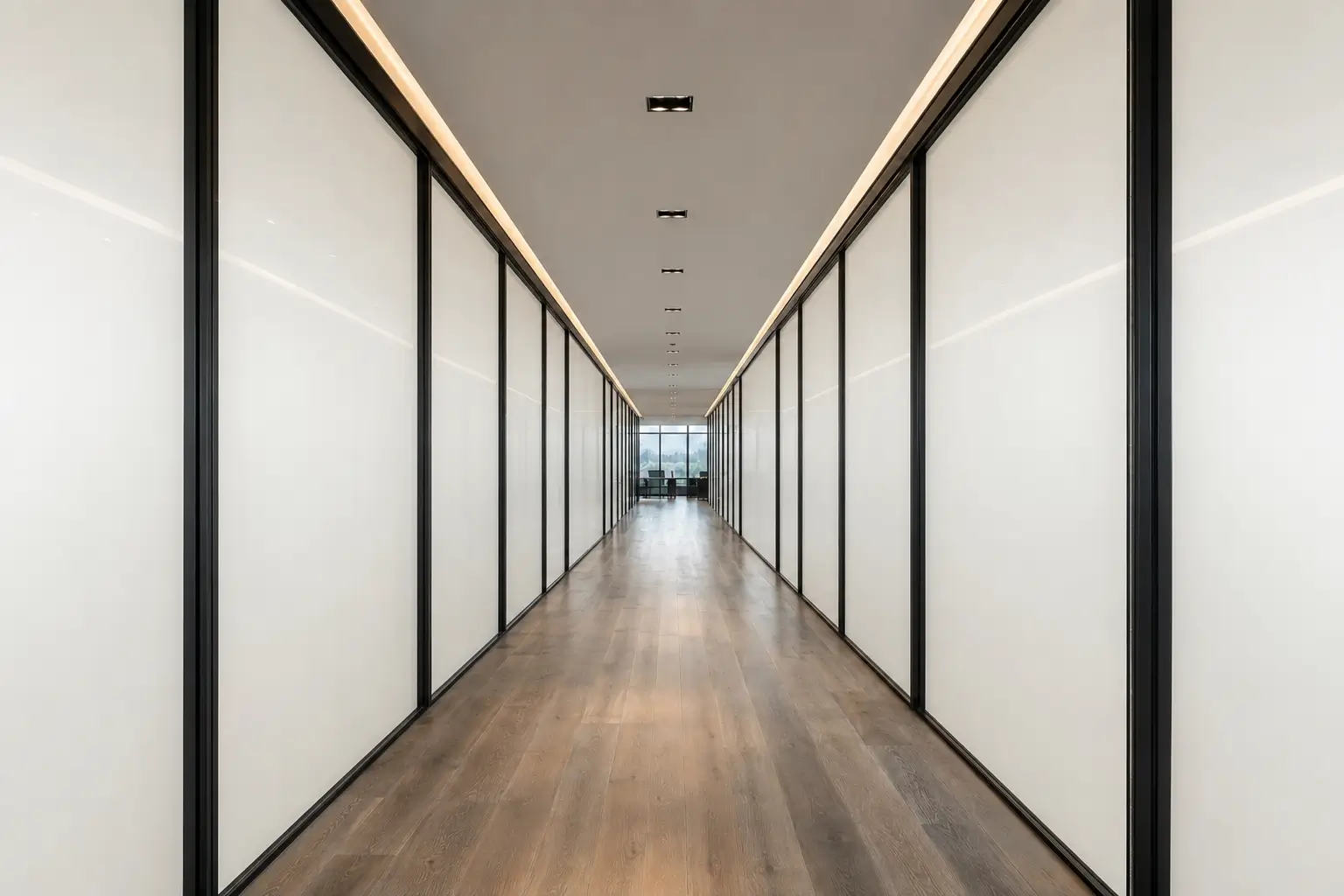 Opaque privacy glass office corridor