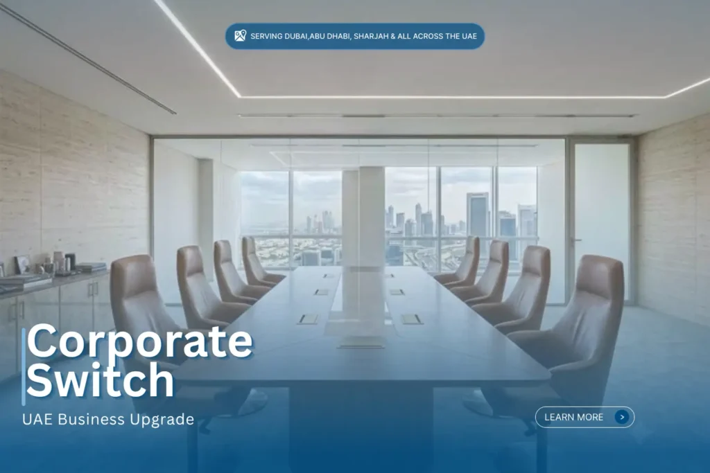 Modern corporate boardroom with switchable privacy smart glass partitions overlooking Dubai skyline