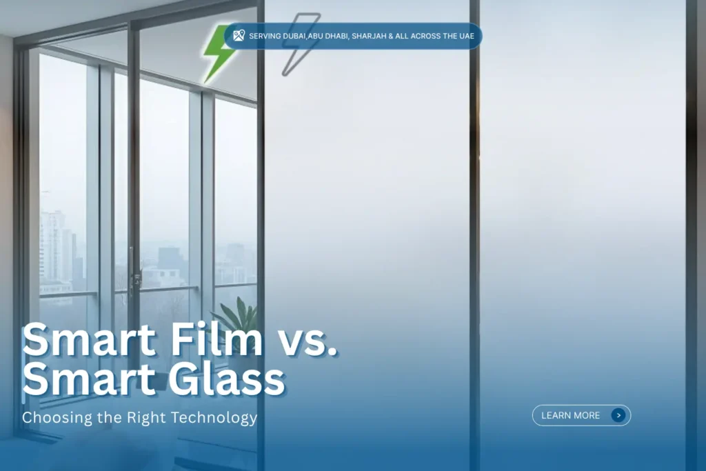 Side by side comparison of transparent clear glass and frosted switchable smart glass panel in modern Dubai office