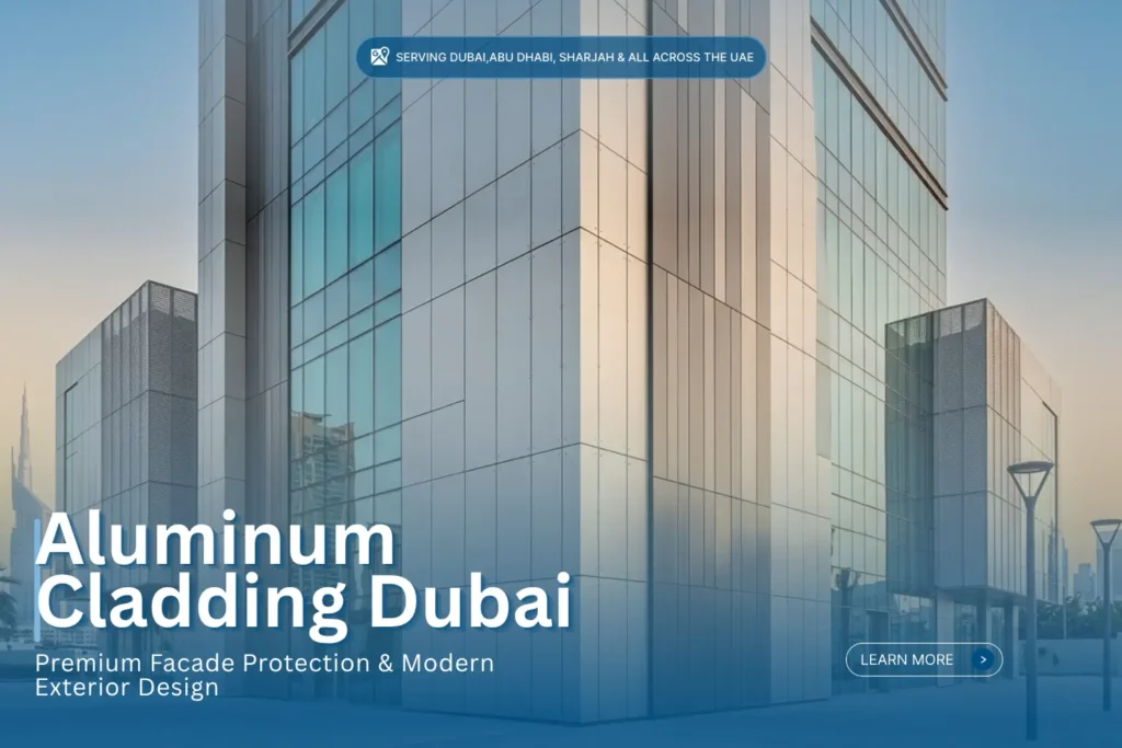 Modern high-rise commercial building exterior featuring premium silver aluminum cladding panels in Dubai