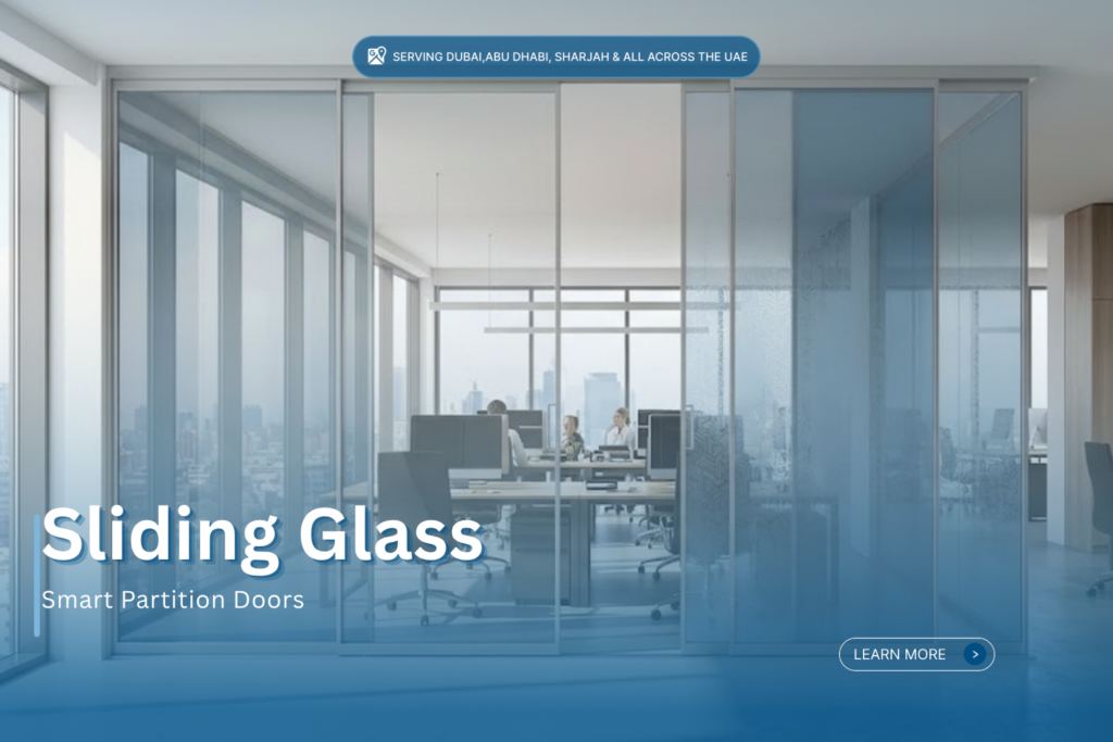 Smart sliding glass partition doors installed in a modern Dubai office space