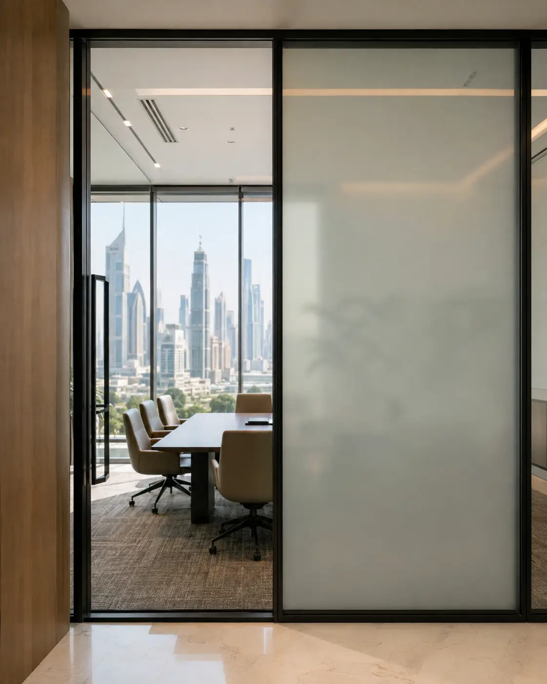 Meeting room glass door with switchable smart film