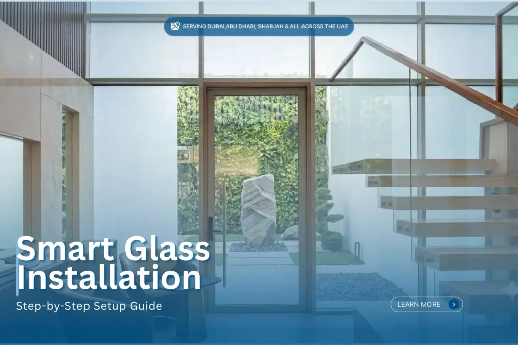 Professional Smart Glass Installation in a modern UAE villa with a view of a green wall and cantilevered stairs.