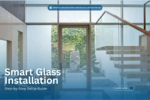 Professional Smart Glass Installation in a modern UAE villa with a view of a green wall and cantilevered stairs.
