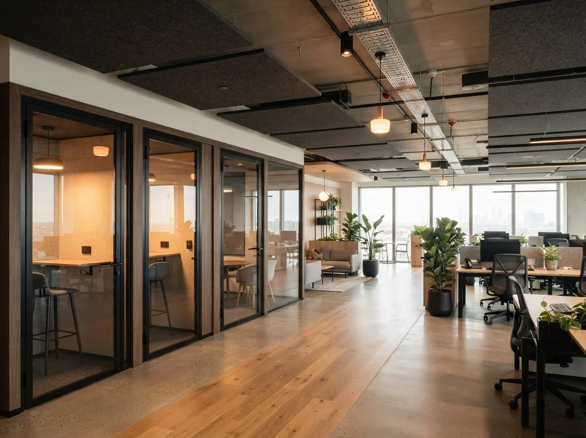 Acoustic glass focus rooms and phone booths in an office