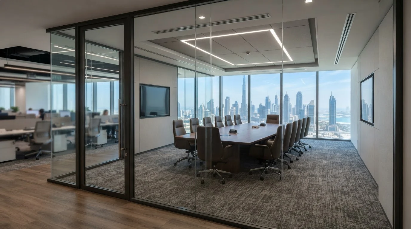Double glazed acoustic glass partition enclosing a boardroom