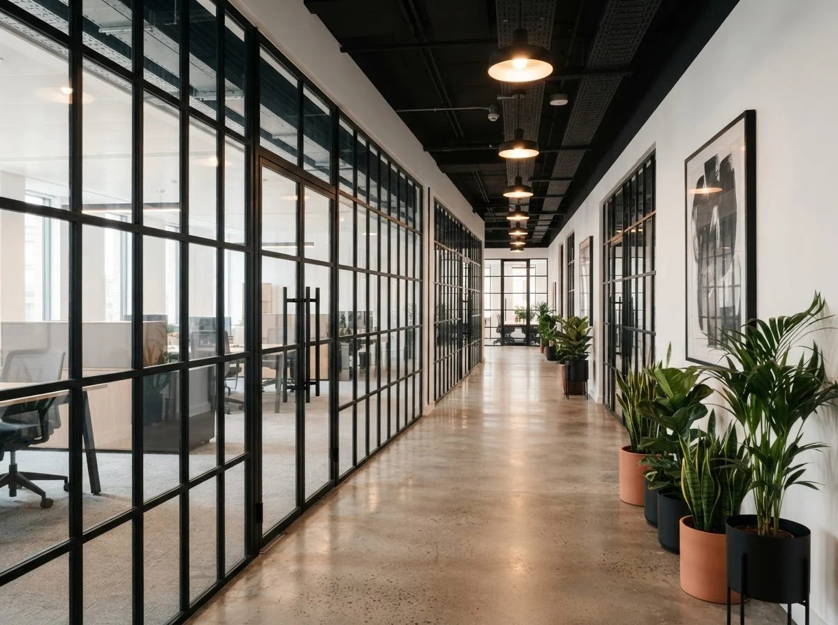 Black aluminium framed glass partition in industrial grid style
