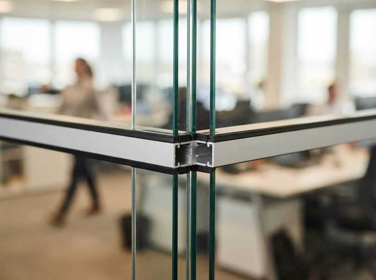 Double glazed acoustic glass partition frame detail with cavity and seals