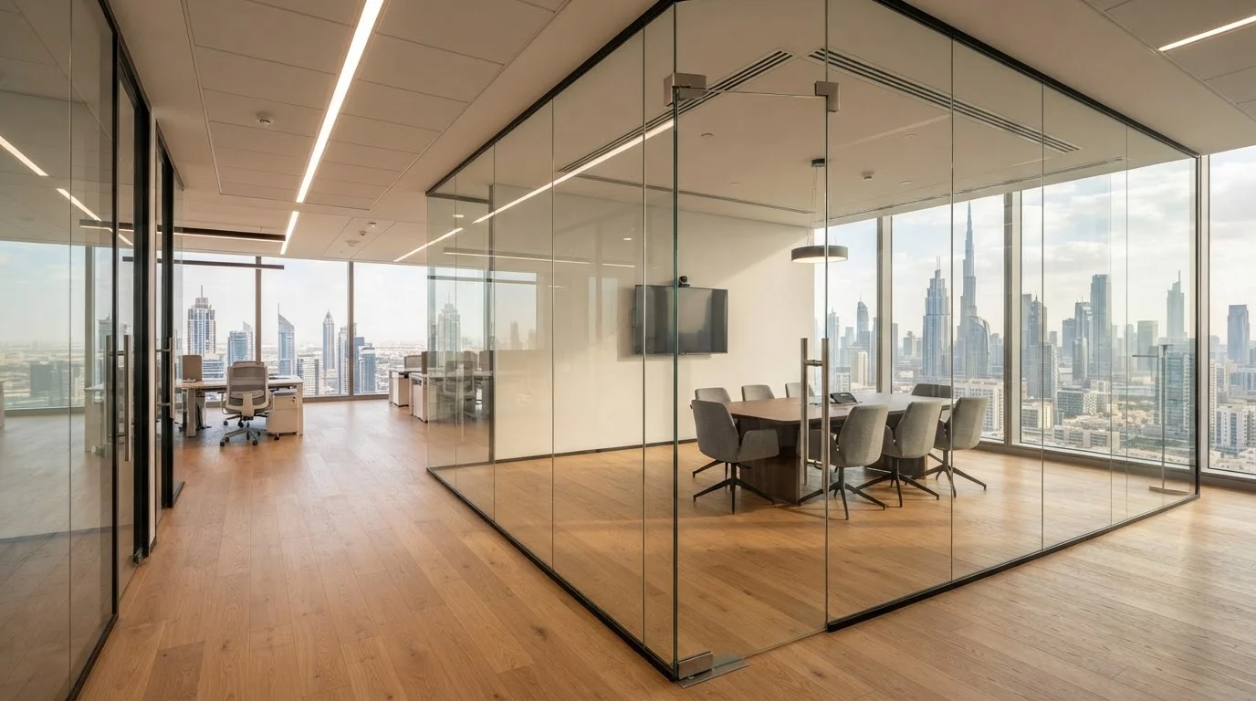 Glass partition installation for a Dubai office