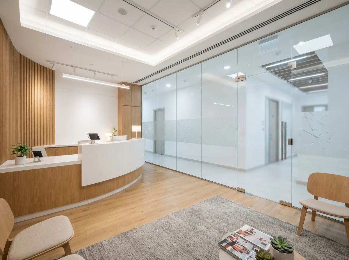 Frameless glass partitions in a Dubai clinic reception