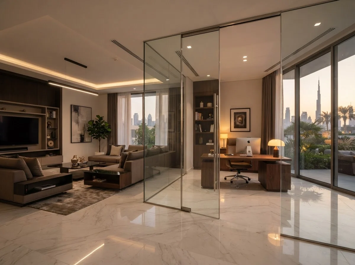 Frameless glass partition in a Dubai villa home office