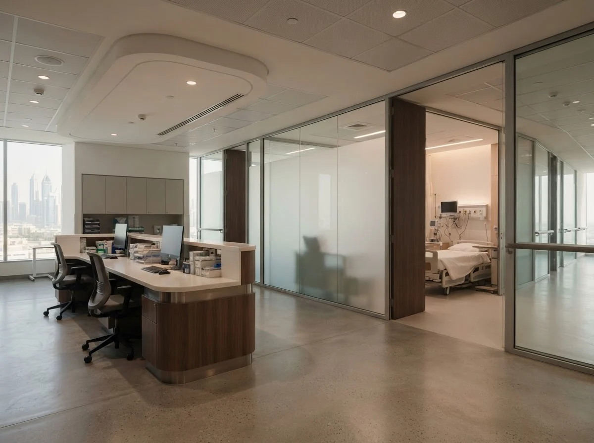 Hospital nurse station overlooking smart glass patient rooms