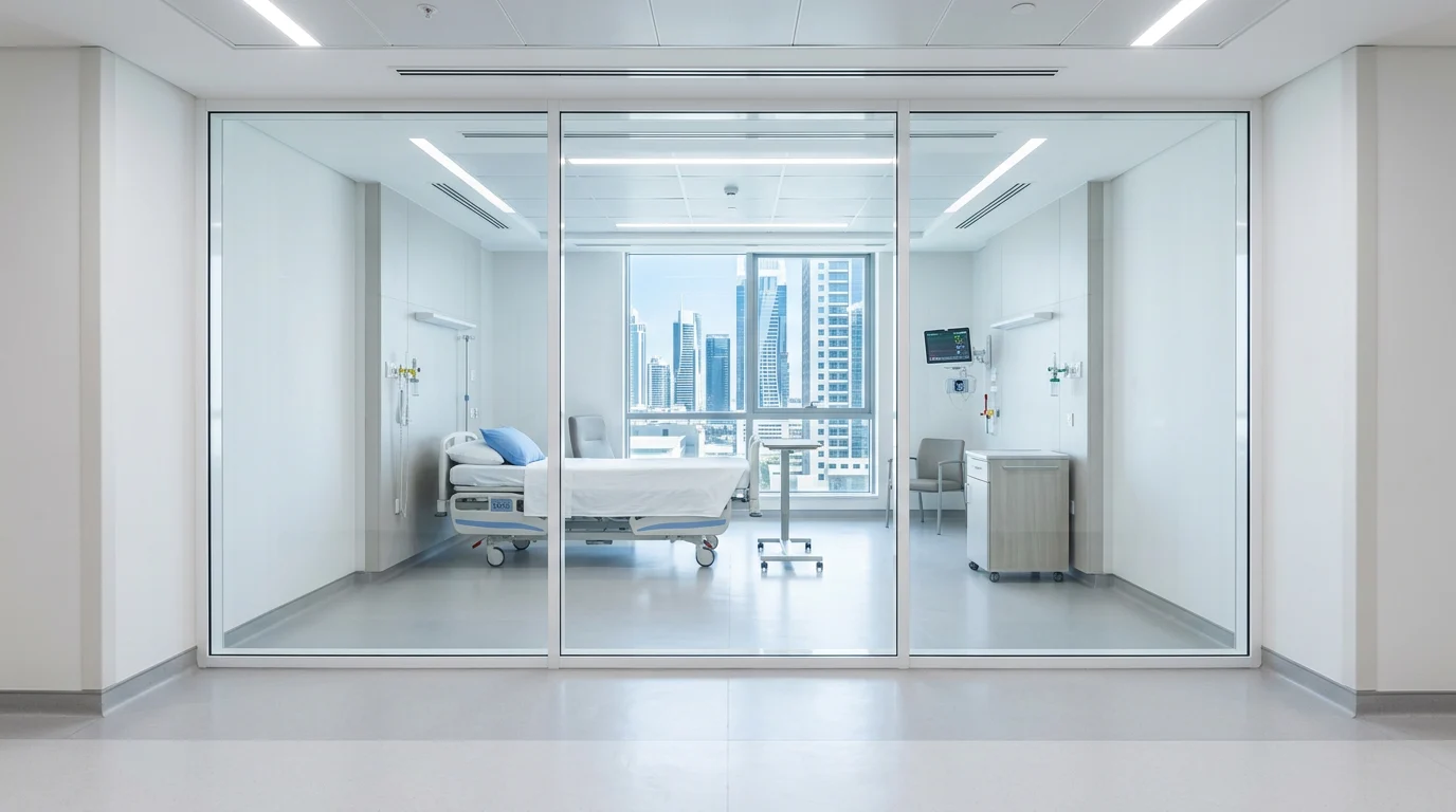 Hospital patient room smart glass wall switching between frosted privacy and clear