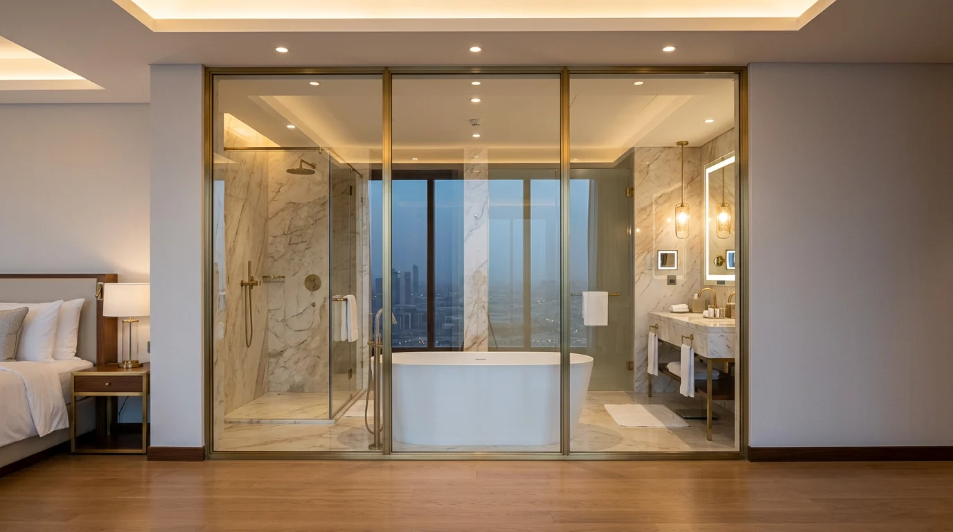 Hotel suite smart glass bathroom wall switching between frosted privacy and clear