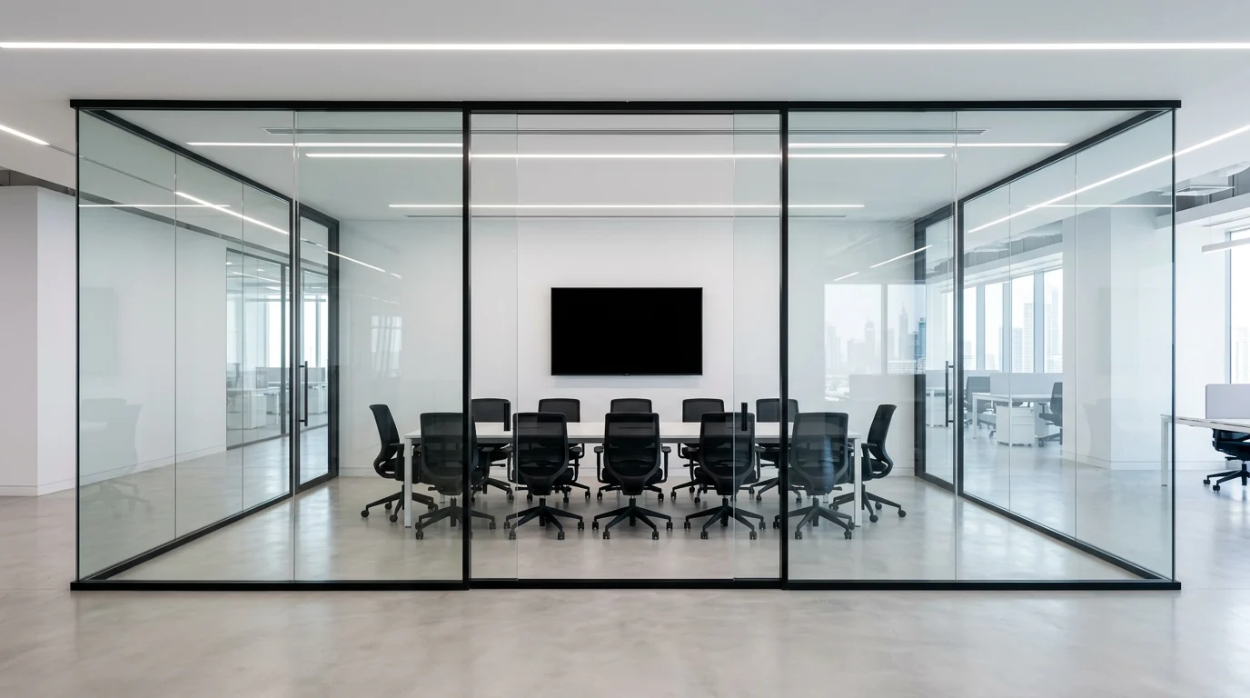 Office meeting room smart glass wall switching between frosted privacy and clear