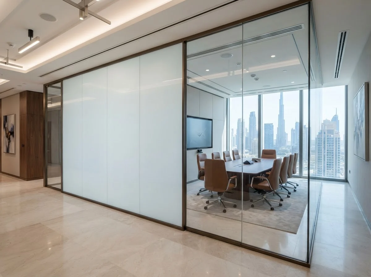 Smart privacy glass meeting room in frosted and clear mode