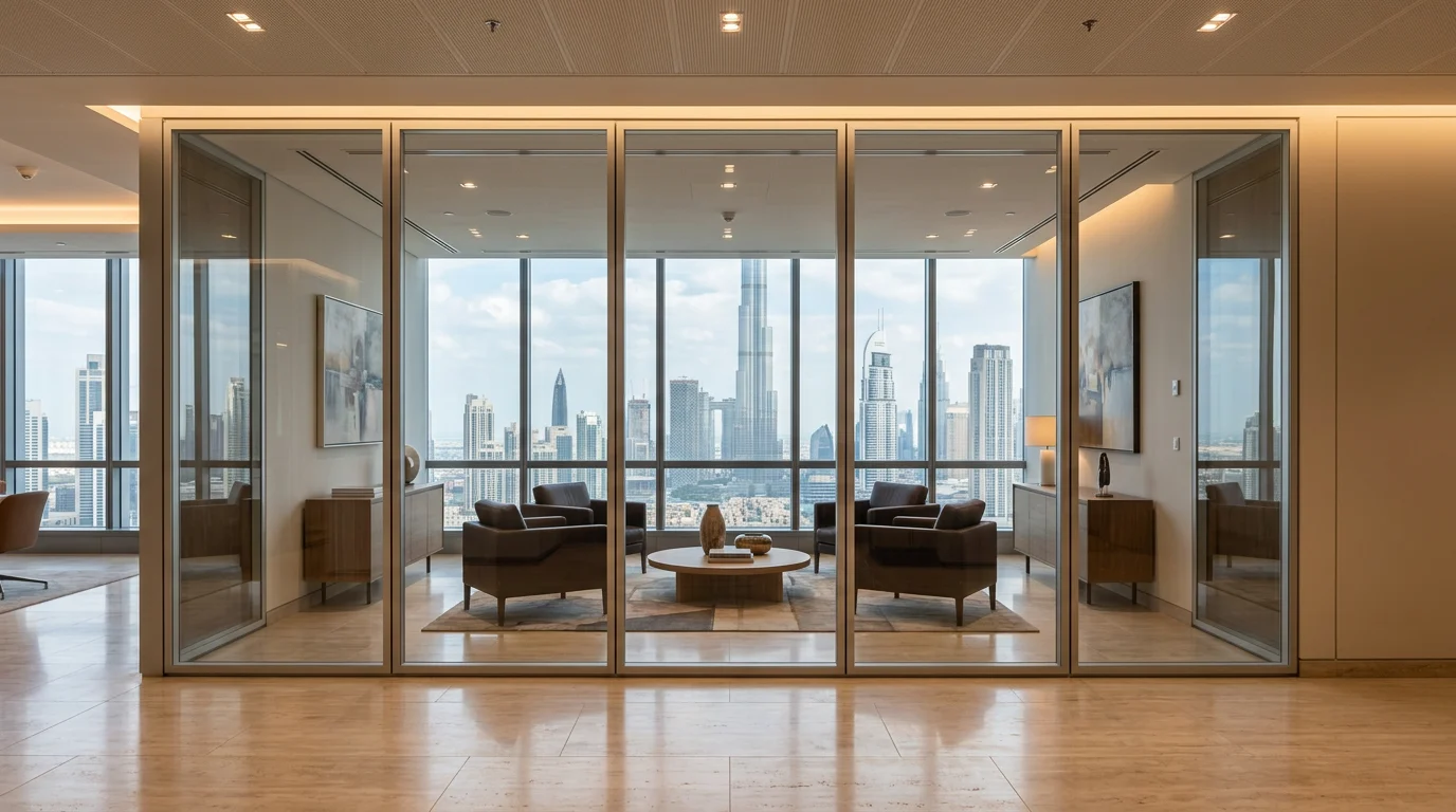 Smart glass wall of a public lounge in Dubai switching between frosted privacy and clear
