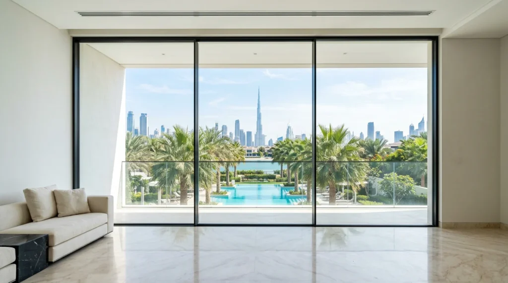 Smart glass wall in a Dubai villa switching between frosted privacy and clear view