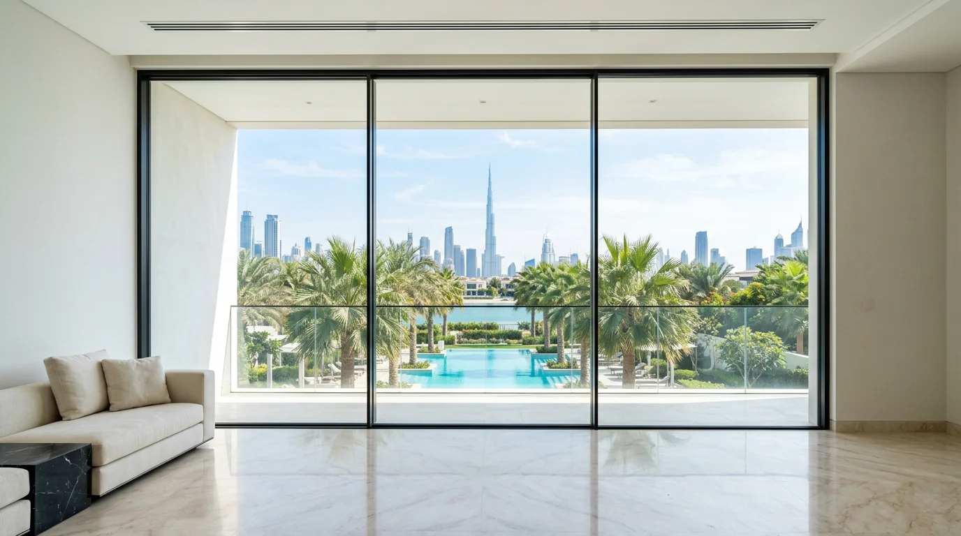 Smart glass wall in a Dubai villa switching between frosted privacy and clear view