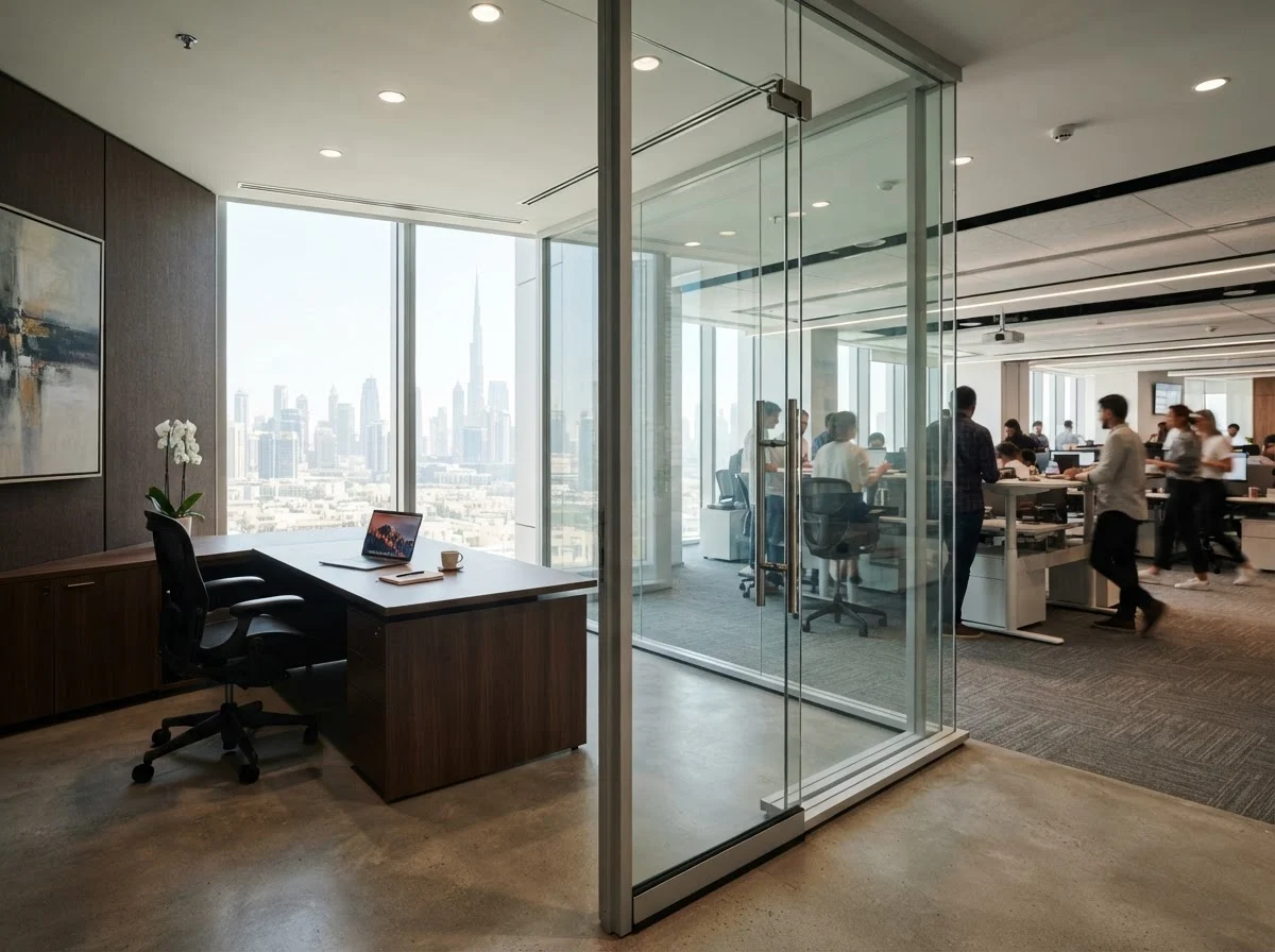 Soundproof glass partition separating a private office from an open plan workspace